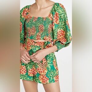 FARM Rio Pineapple Galore Set Smocked Crop Top Beaded Belt Shorts XS Linen Blend
